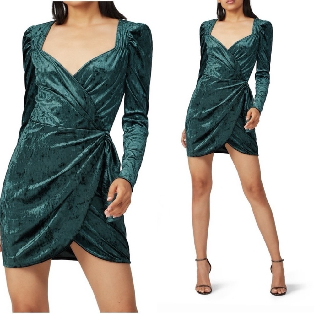 SAYLOR Velvet Faux Wrap Cocktail Green Long Sleeve Mini Dress Sz S